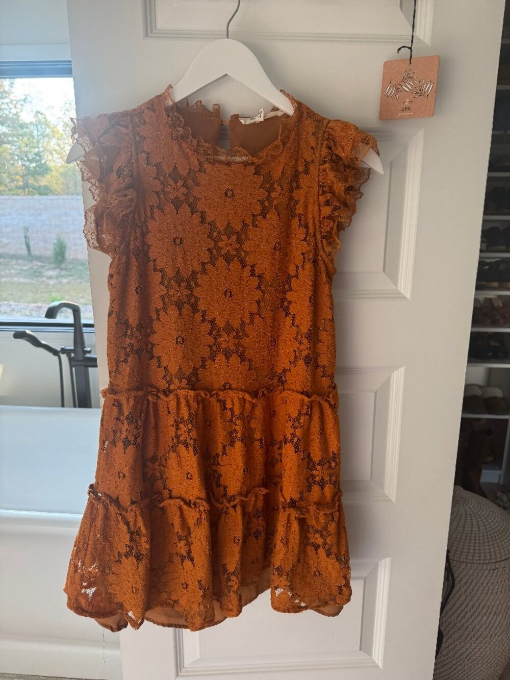 Anthropologie Blue Tassel Tiered Lace Tunic Dress Gold Rust Floral Mini XS